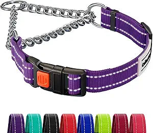 CollarDirect Martingale Dog Collar with Stainless Steel Chain and Quick Release Buckle - Reflective Collar for Large, Medium, Small Dogs - Purple, Large (Neck Size 17"-22")
