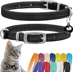 CollarDirect Leather Cat Collar with Bell - Kitten Collar, Small and Big Cat Strap for Boy Cats, Girl Cats with Safety Elastic Strap (Neck Fit 8"-11", Black)