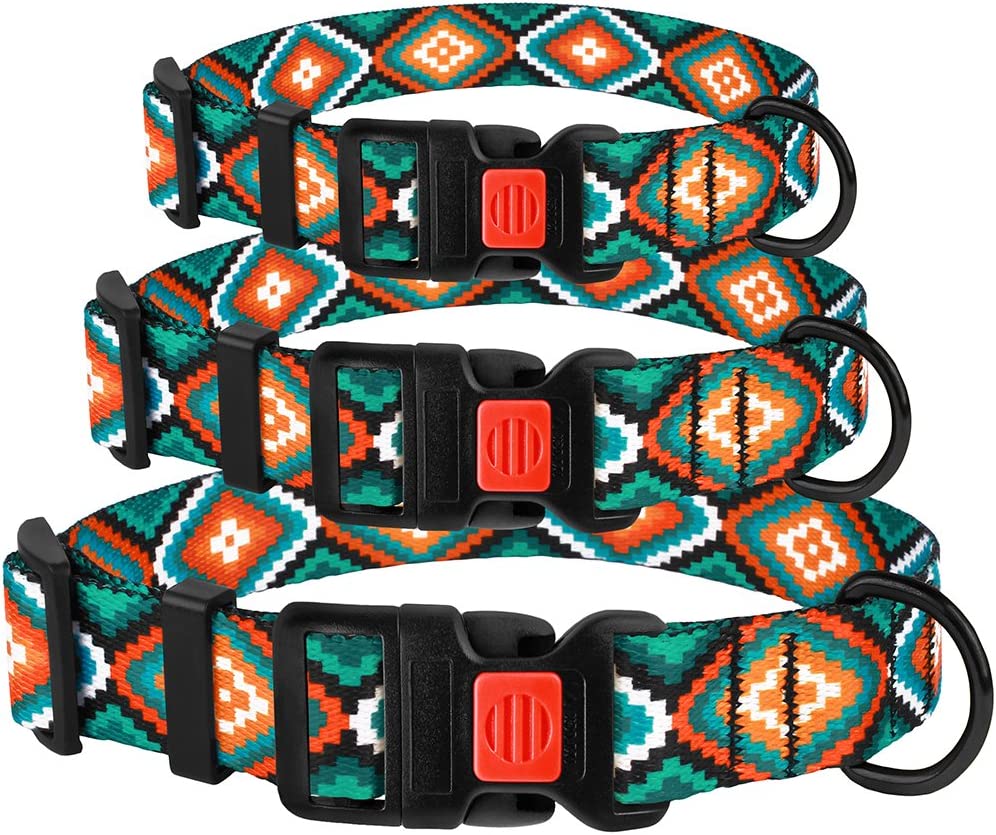 Dog Collar for Small Medium Large Dogs or Puppies, Cute Unique Design with a Quick Release Buckle, Tribal Ethnic Aztec Pattern, Adjustable Soft Nylon