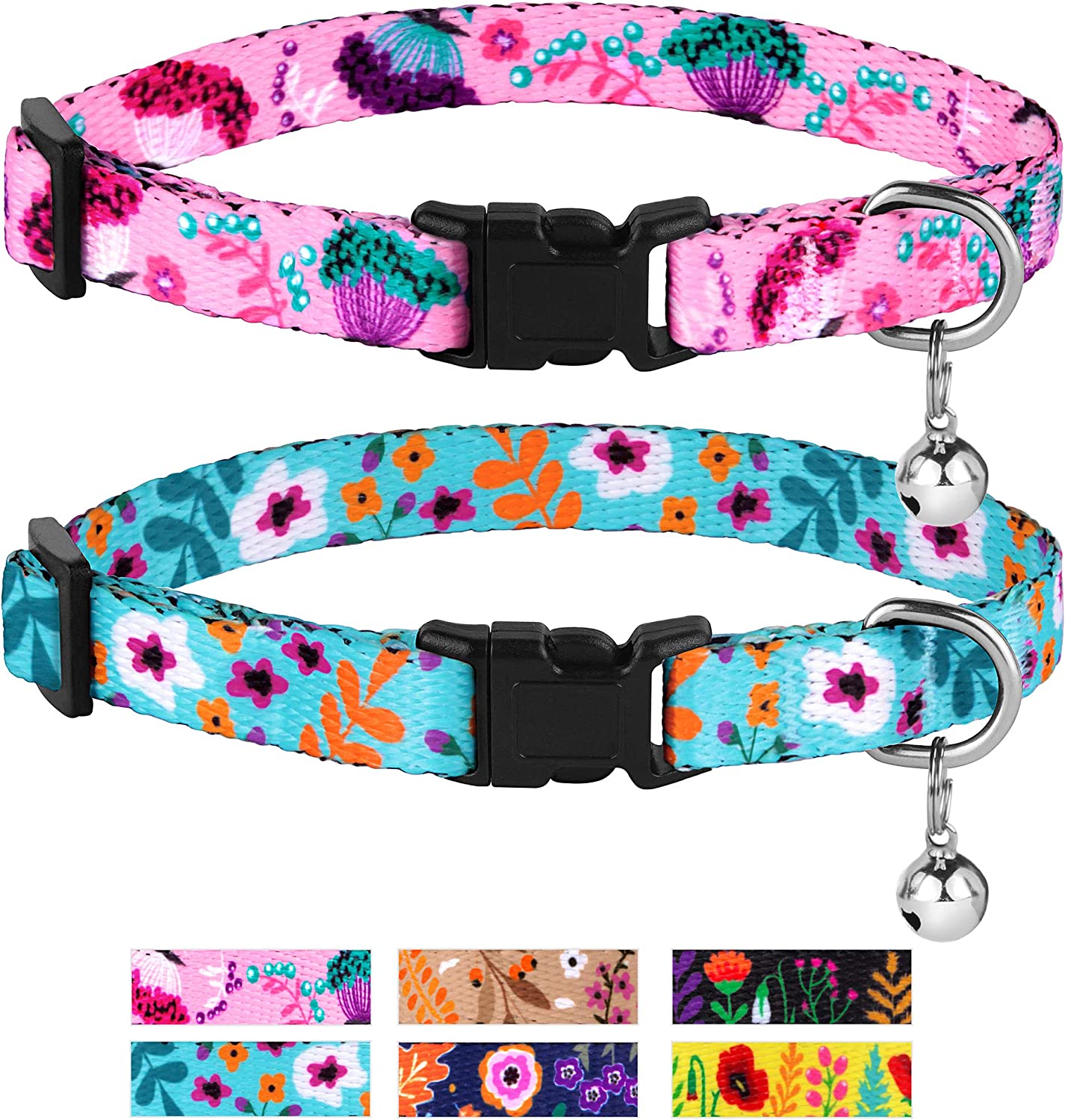 Cat Collar with Bell Floral Pattern 2 Pack Set Flower